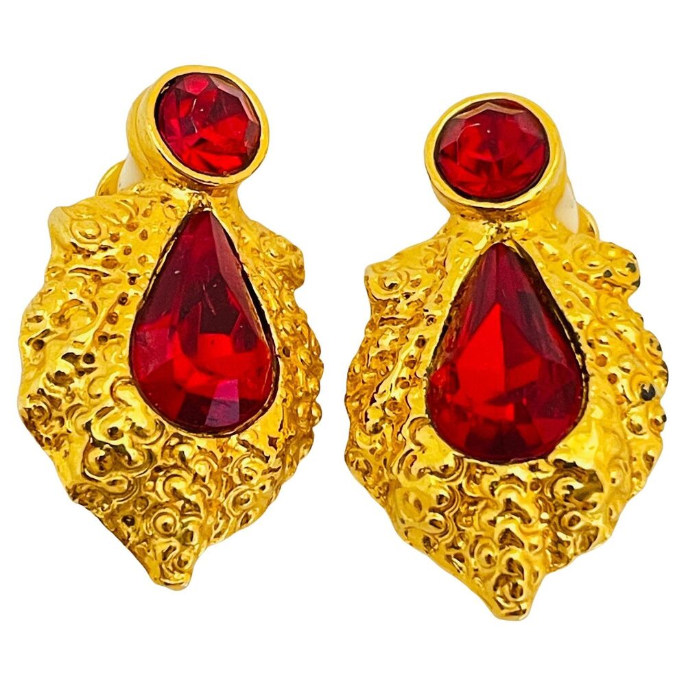 Vintage gold ruby red glass designer runway clip on earrings